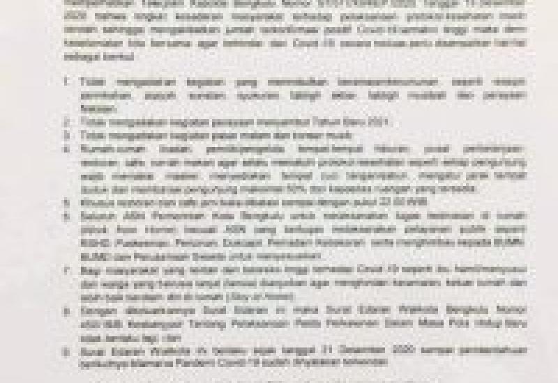 Cegah Penyebaran Covid-19, Walikota Bengkulu Keluarkan SE Larangan Kegiatan Bersifat Keramaian