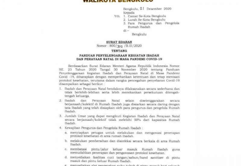 Antisipasi Penyebaran Covid-19, Walikota Keluarkan SE Panduan Perayaan Natal