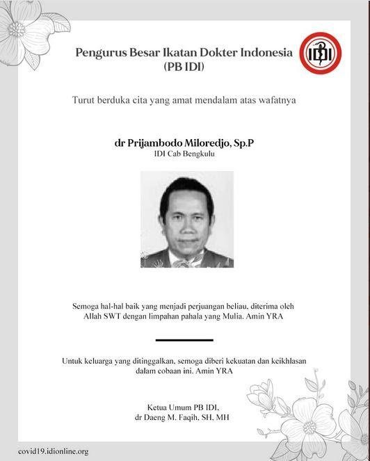 Ungkapan belasungkawa PB IDI atas meninggalnya dr Prijambodo Miloredjo, Sp.P