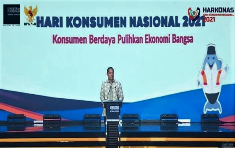 Menteri Perdagangan Muhammad Lutfi saat memberikan sambutan pada puncak peringatan Hari Konsumen Nasional (Harkonas) 2021 dengan tema “Konsumen Berdaya, Pulihkan Ekonomi Bangsa” di Jakarta, hari ini, Kamis (28/10/2021).