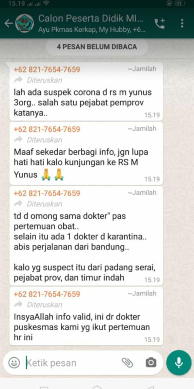 Tangkapan layar percakapan di grup whatsapp yang meninformasikan ada ASN Suspect Corona.