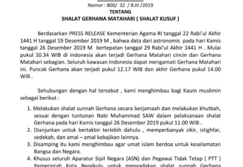 Surat Edaran Walikota Bengkulu terkait pelaksanaan sholat Gerhana.