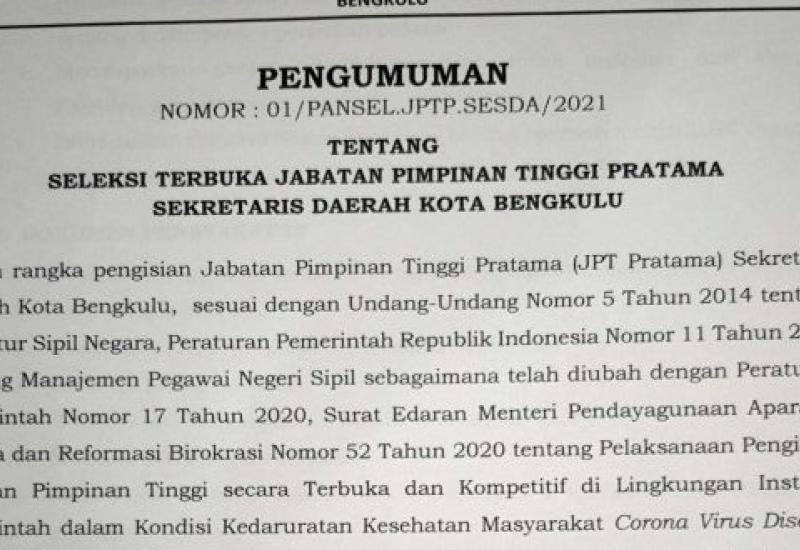 Pemkot Bengkulu Buka Lelang Jabatan Sesda